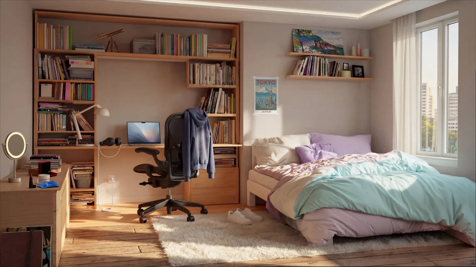 Chambre moderne et lumineuse avec espace bureau intégré, bibliothèque en bois, ordinateur portable et lit aux tons pastel près d'une grande fenêtre.