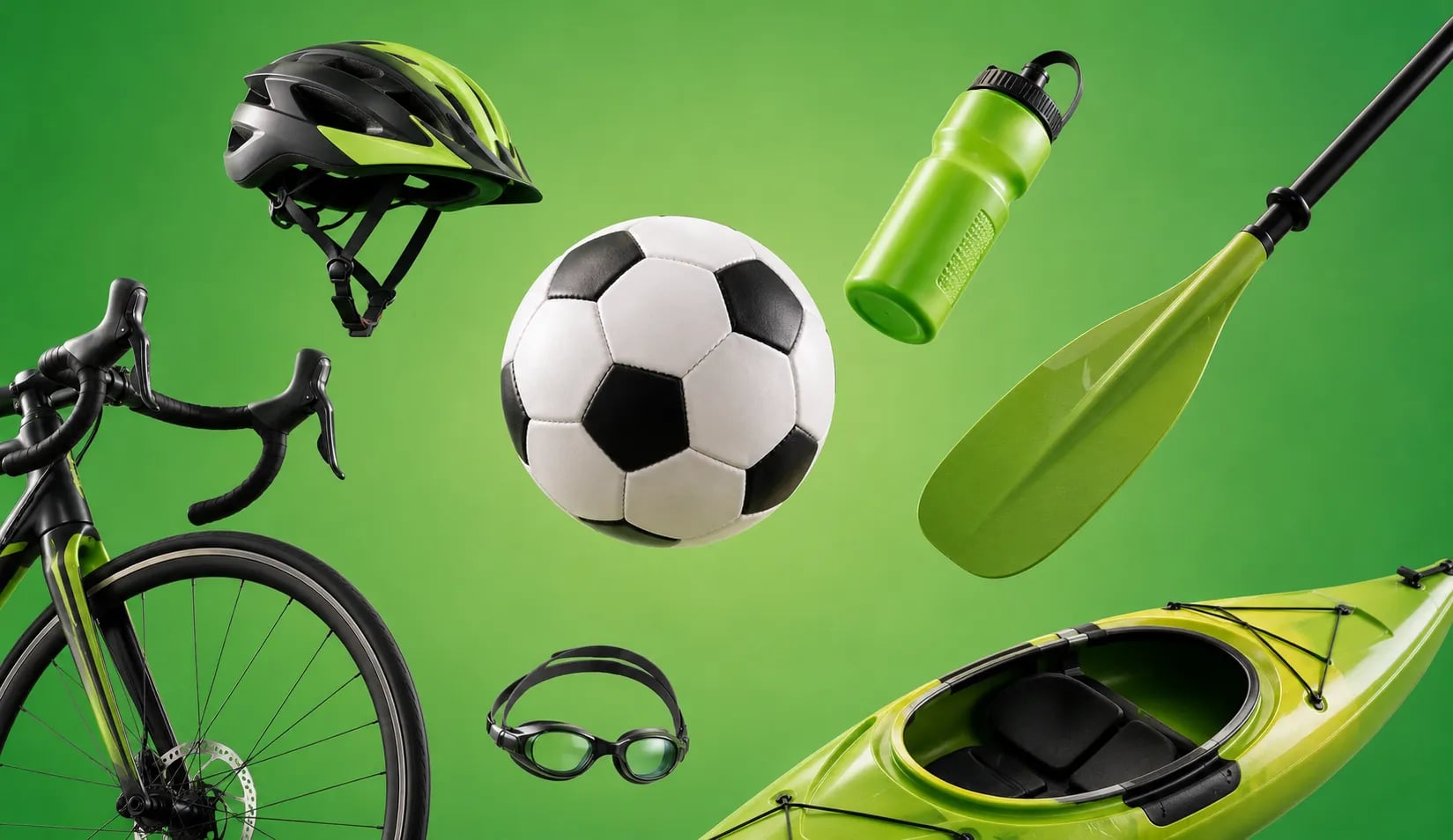 Image représentant des objets liés au sport : un vélo, une pagaie, un casque, un ballon de foot...