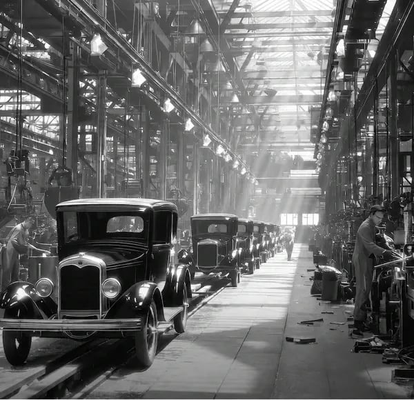 Photo d'une usine de fabrication de voitures dans les années 1920