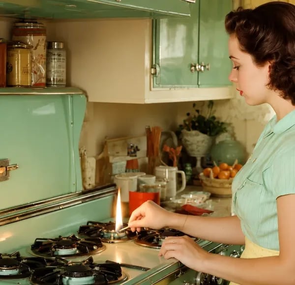 Photo de femme au foyer dans les années 1960, devant sa cuisinière