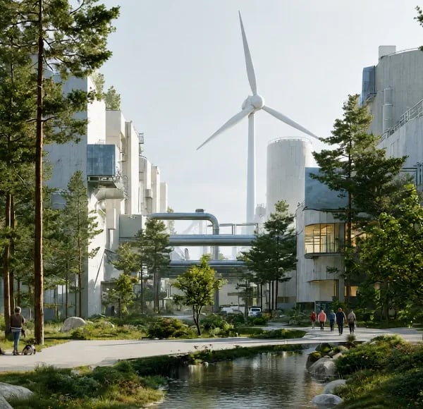 Photo représentant un paysage urbain, avec une éolienne, des immeubles d'habitation, une usine, des arbres, un plan d'eau.